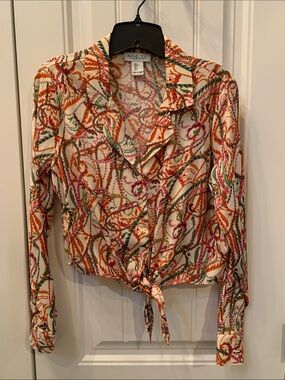 Rachel Zoe Cream Multicolor Chain-Print Tie-Front Blouse